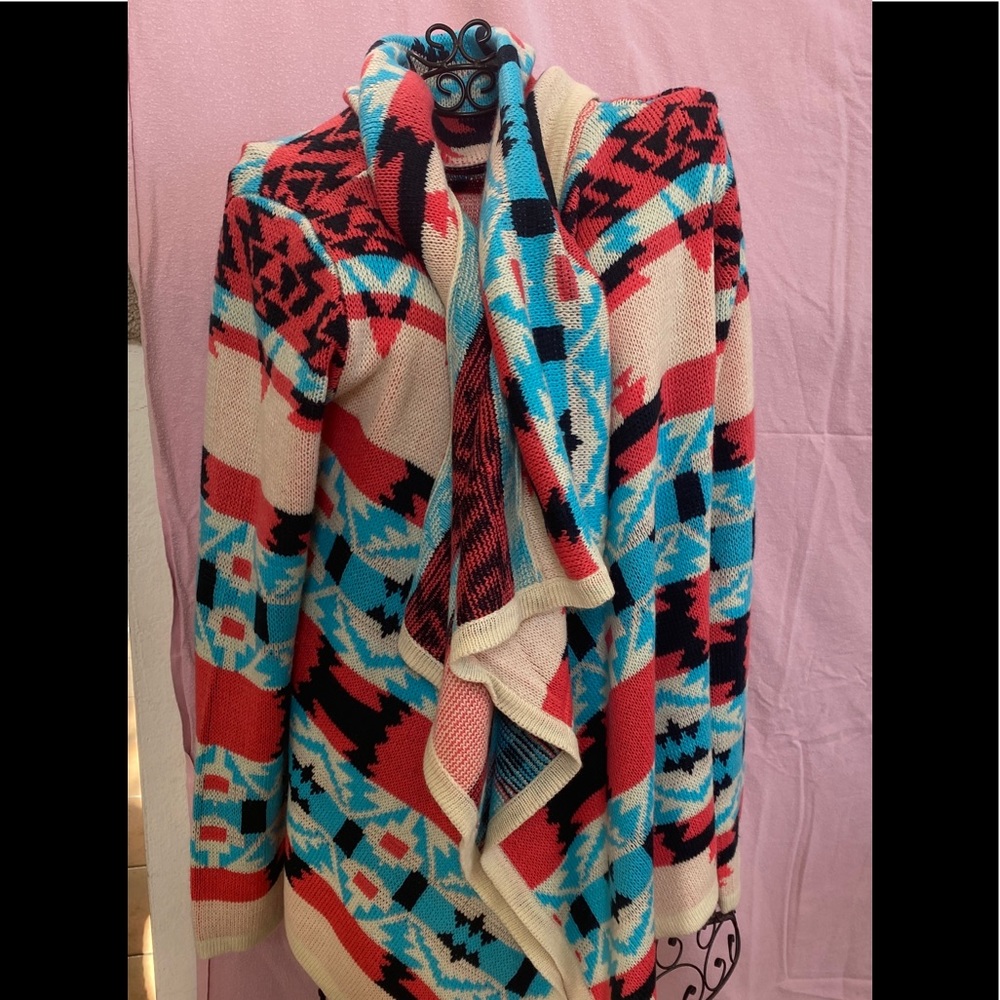 Moon Collection Knit Cardigan Sweater Tribal Print Boho Medium M Waterfall